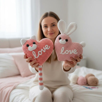 Cat and bunny heart: Valentine's Day plush toy set.