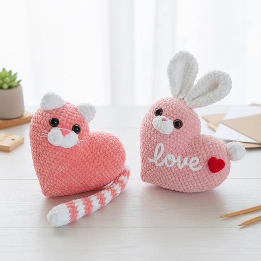 Cat and bunny heart: Valentine's Day plush toy set.