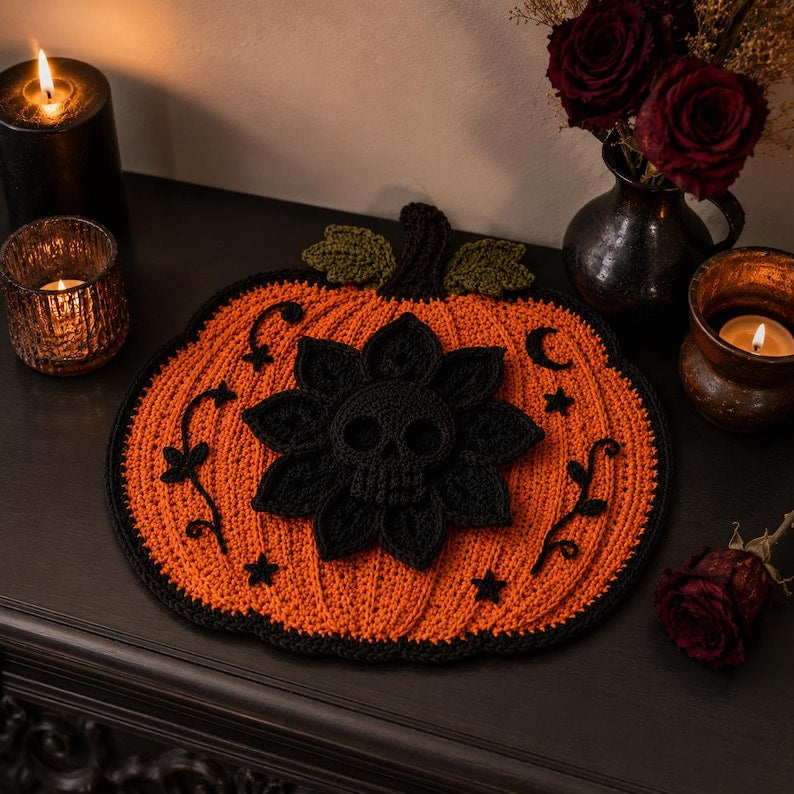 Gothic Skull Flower Pumpkin Mat Crochet Pattern PDF, Halloween Decor (Digital Download)