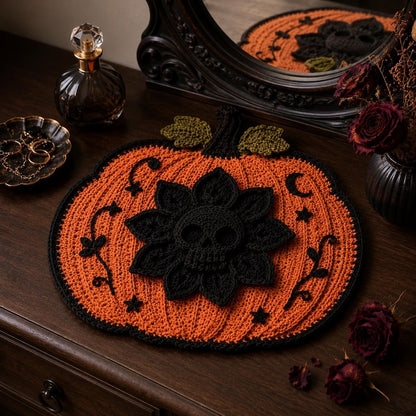 Gothic Skull Flower Pumpkin Mat Crochet Pattern PDF, Halloween Decor (Digital Download)