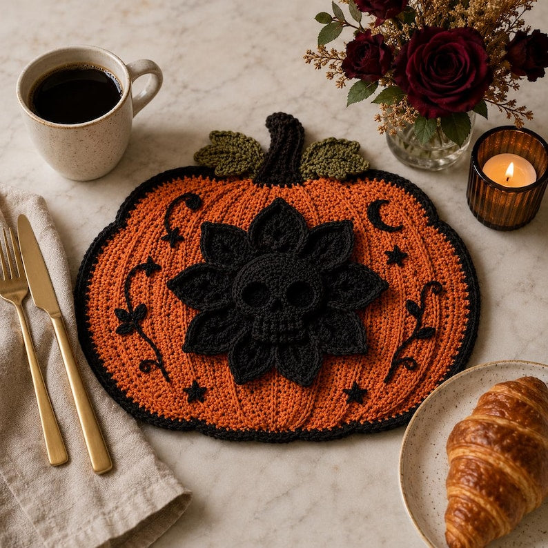 Gothic Skull Flower Pumpkin Mat Crochet Pattern PDF, Halloween Decor (Digital Download)