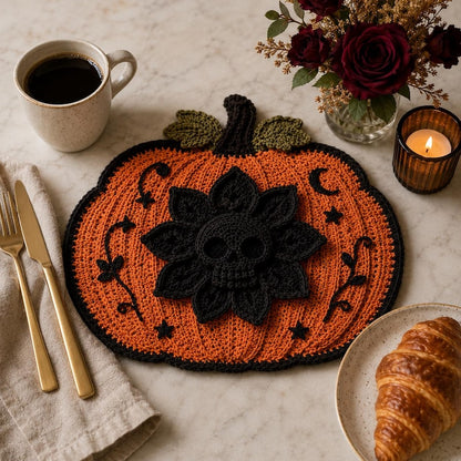 Gothic Skull Flower Pumpkin Mat Crochet Pattern PDF, Halloween Decor (Digital Download)