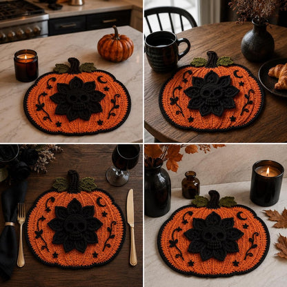 Gothic Skull Flower Pumpkin Mat Crochet Pattern PDF, Halloween Decor (Digital Download)
