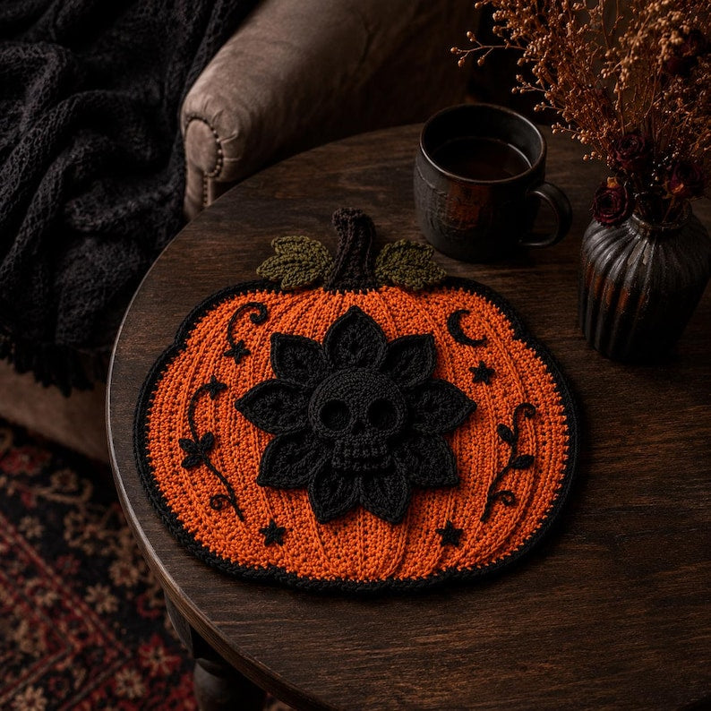 Gothic Skull Flower Pumpkin Mat Crochet Pattern PDF, Halloween Decor (Digital Download)