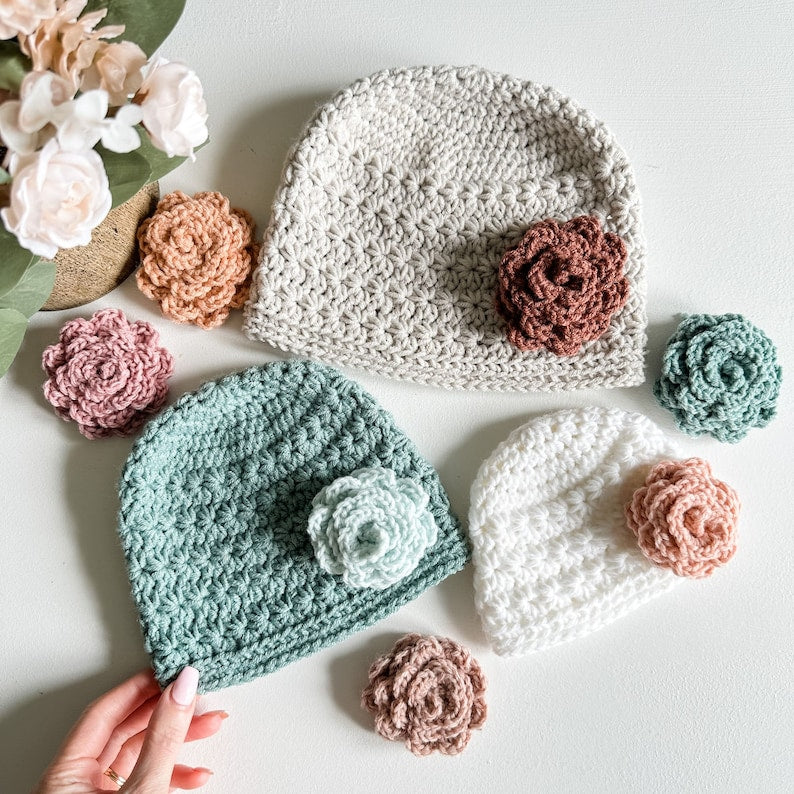 Crochet Baby Hat Pattern – Star Stitch Big Bow Beanie with Rose Flower Design (PDF Tutorial)