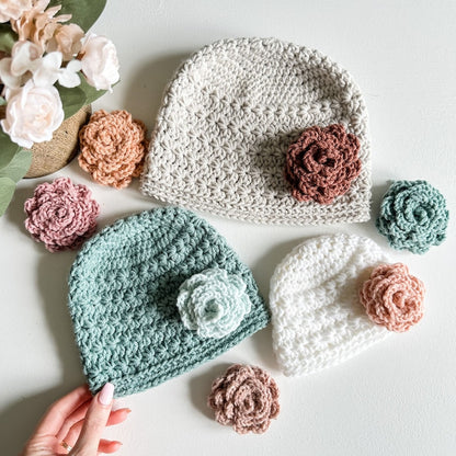Crochet Baby Hat Pattern – Star Stitch Big Bow Beanie with Rose Flower Design (PDF Tutorial)