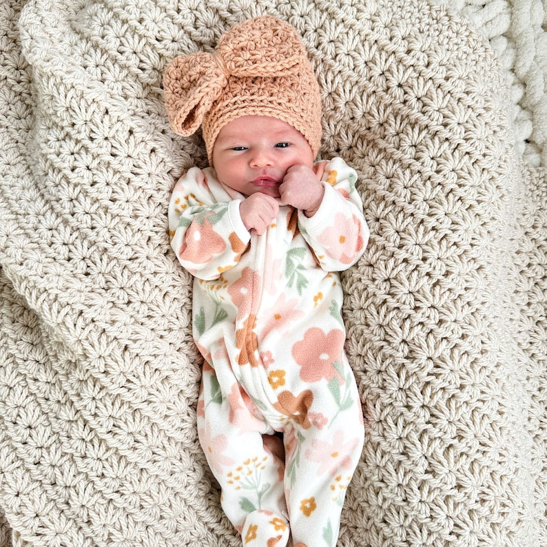 Crochet Baby Hat Pattern – Star Stitch Big Bow Beanie with Rose Flower Design (PDF Tutorial)